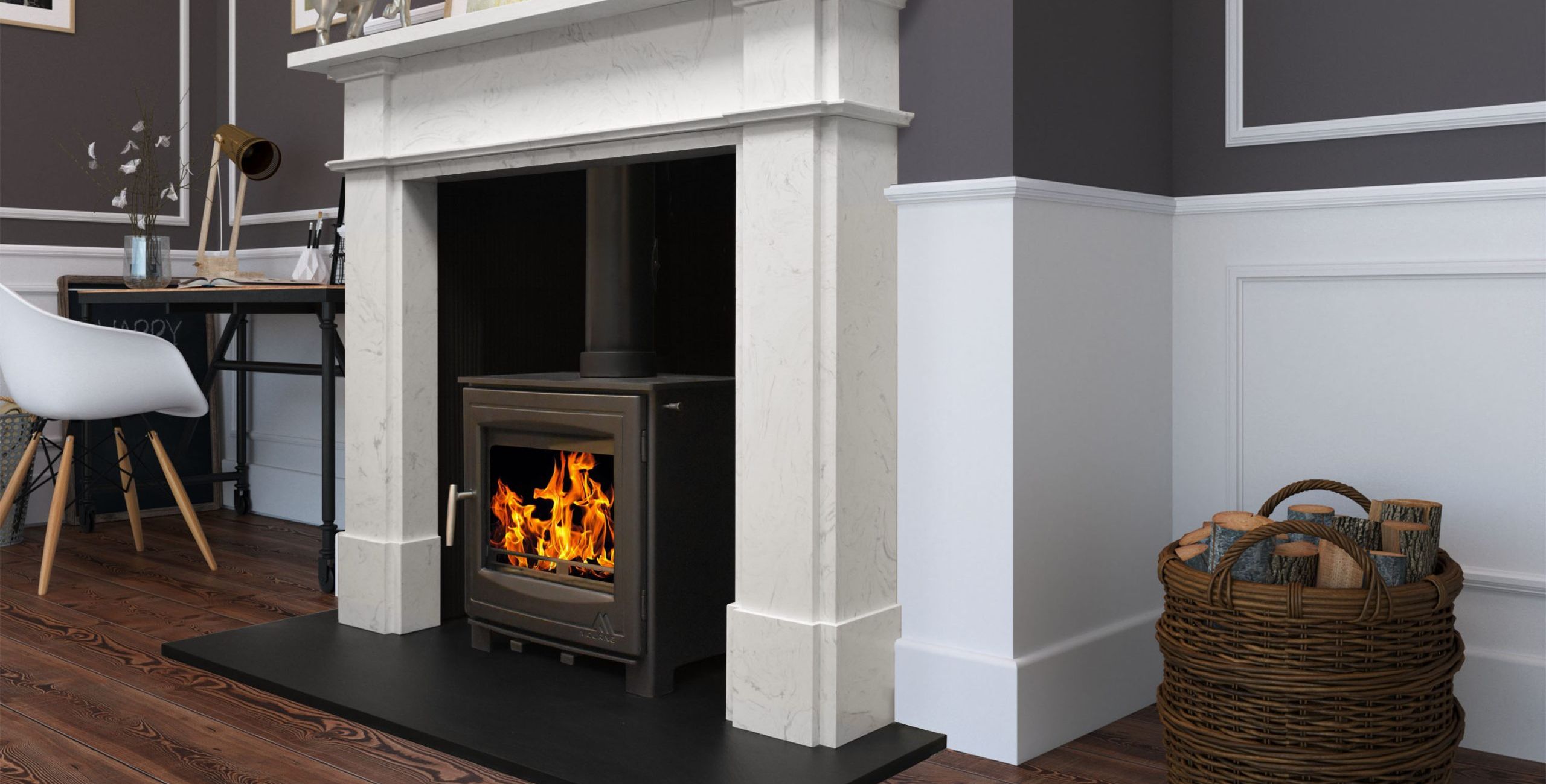 Clean limestone fireplace surround with wood burning stove in a modern living room