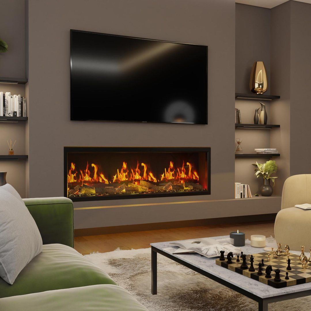 Inset electric fire with realistic flames in a media wall below a TV