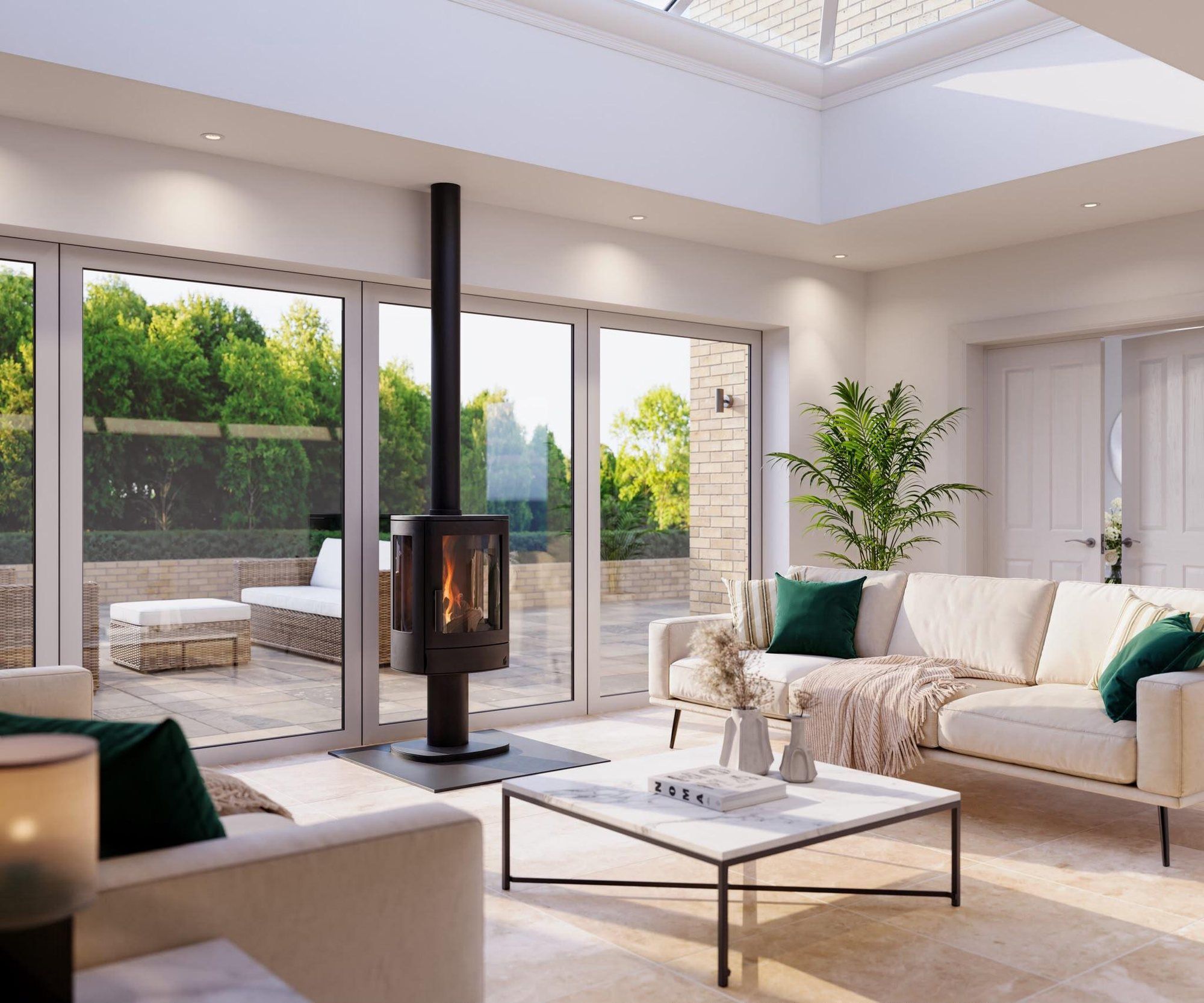 Freestanding pedestal wood burner with flue in a bright orangery extension