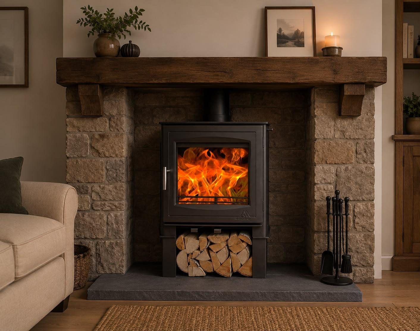Multifuel stove on a log store base in a stone fireplace with an oak beam mantel