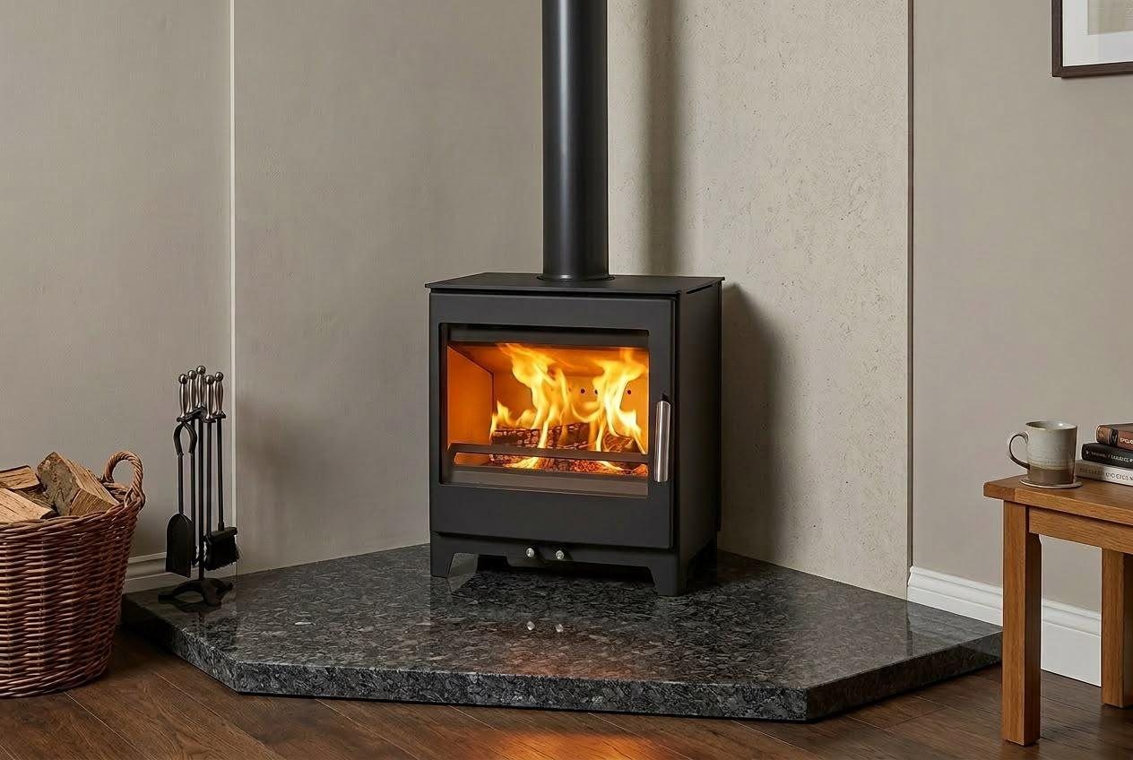 Wood burning stove installed in a corner on a black granite hearth