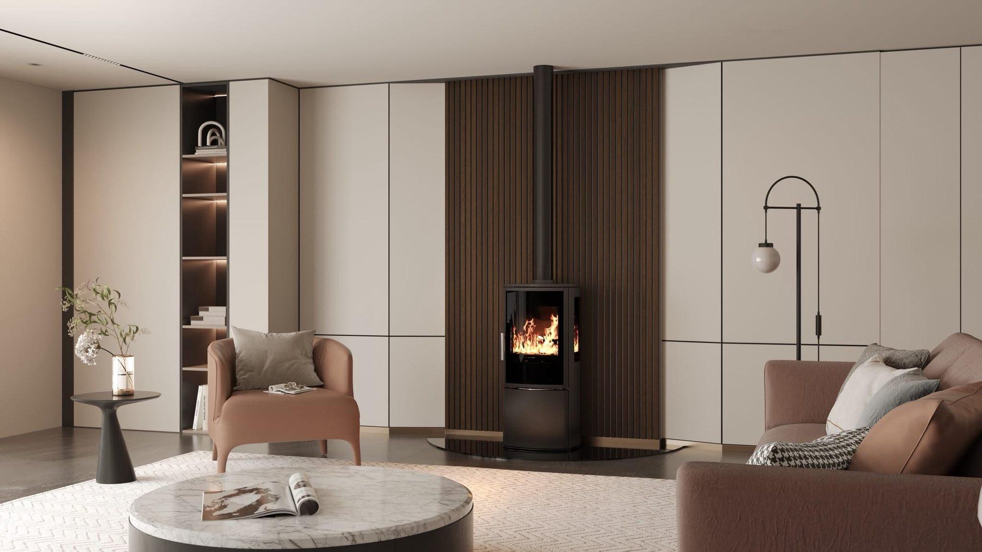 Contemporary wood burning stove against a slatted wood panel in a modern living room