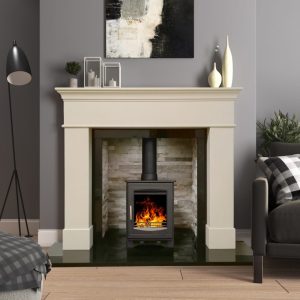 5 Portrait wood burning stove in a cream fire surround with split-face slate chamber