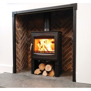 5 Wide stove with log store in a herringbone brick fireplace chamber