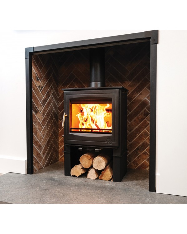 5 Wide stove with log store in a herringbone brick fireplace chamber