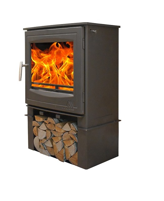 5 Wide wood burning stove with log store base filled with logs
