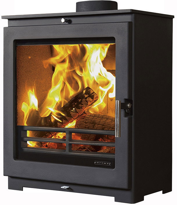 Arundel XL wood burning stove with large glass door and lit fire
