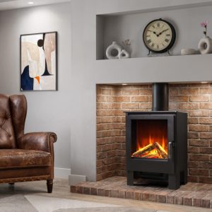 DLX Arundel stove in a brick fireplace in a grey living room