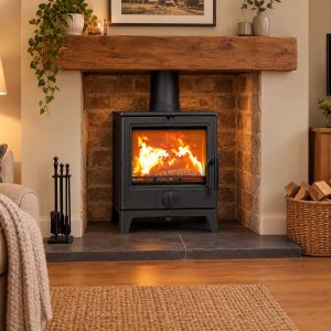 Derwent wood burning stove lit in a brick fireplace with an oak beam mantel