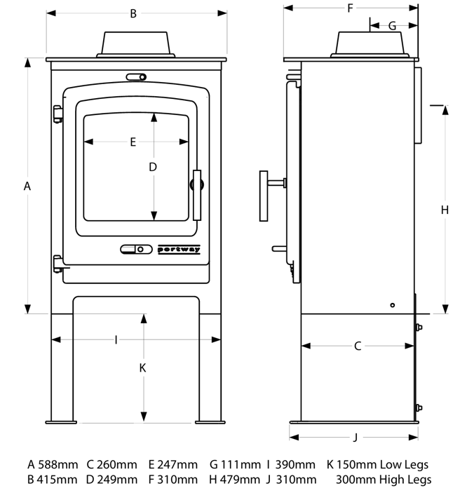 P1 stove on low legs dimensions diagram