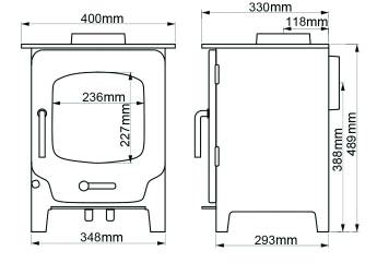 Saltfire ST-X4 stove dimensions diagram showing front and side views